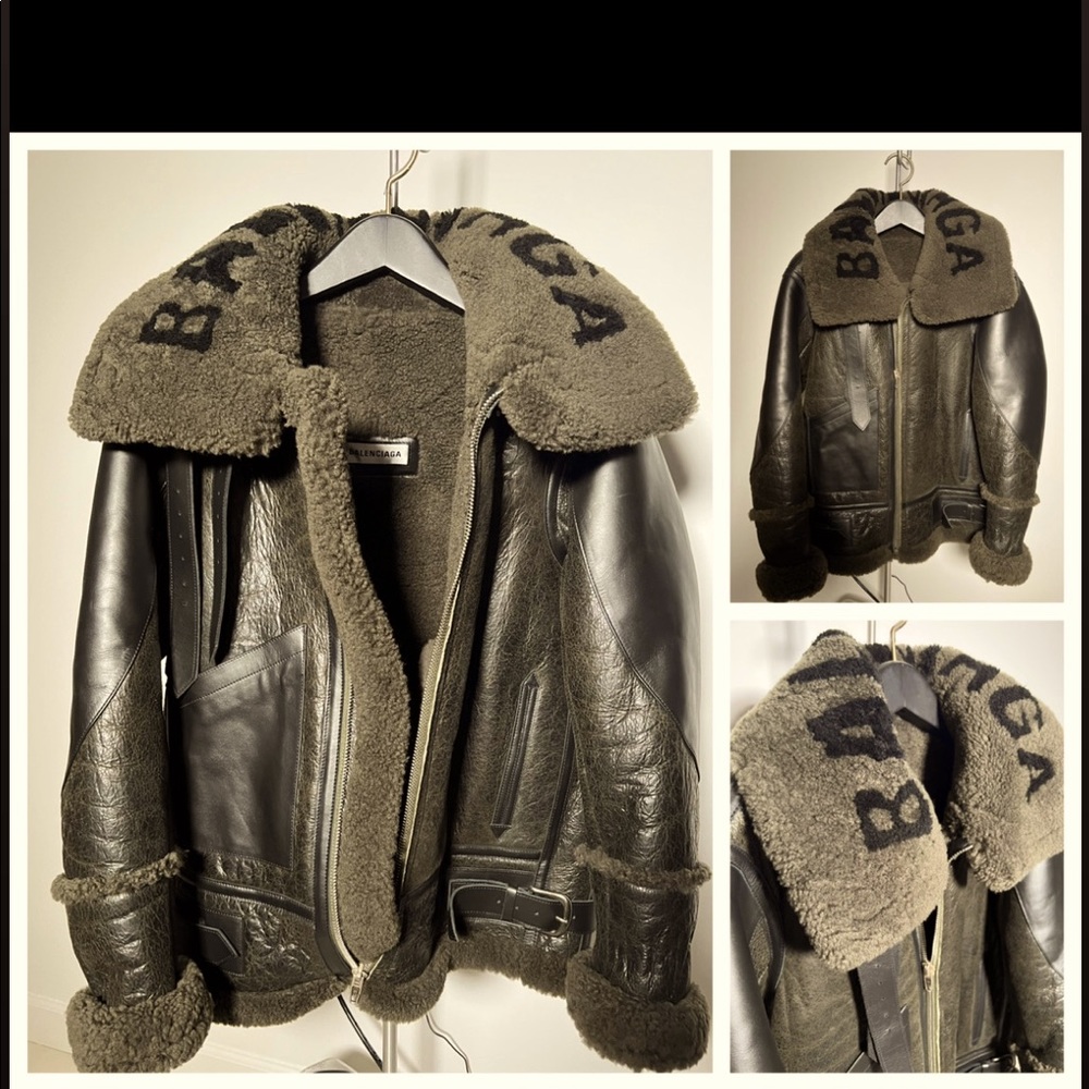 Balenciaga Oversized Le Bombardier Jacket w Logo Collar in Dark Green/Espresso